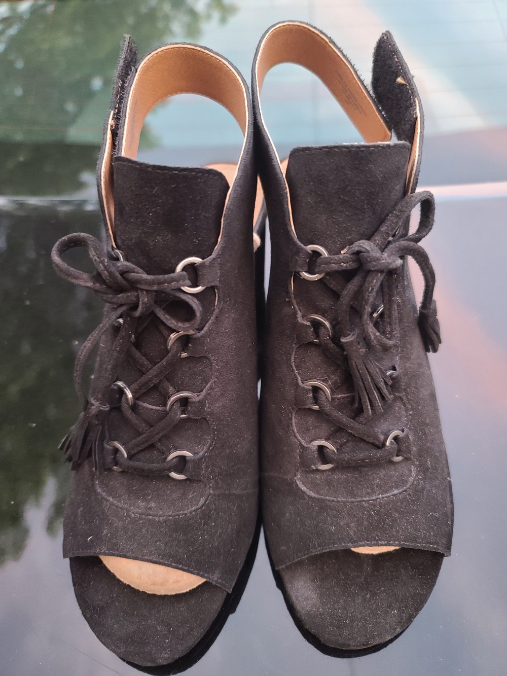 Adrienne Vittadini Black Suede Lace-Up Peep-Toe Mules